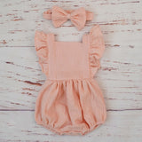 Organic Cotton Baby Girl Clothes Summer New Double Gauze Kids Ruffle Romper Jumpsuit Headband Dusty Pink Playsuit For Newborn 3M