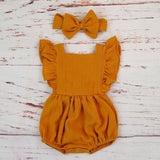 Organic Cotton Baby Girl Clothes Summer New Double Gauze Kids Ruffle Romper Jumpsuit Headband Dusty Pink Playsuit For Newborn 3M