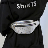 AIREEBAY Holographic Waist Bags Women Silver Fanny Pack Female Belt Bag Black Geometric Waist Packs Laser Chest Phone Pouch