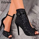 Eilyken New Women Crystal Sandals Ankle Straps Buckle Transparent Cover Heel Pumps Ladies Sandals Party Shoes size 35-43