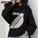 AIREEBAY Holographic Waist Bags Women Silver Fanny Pack Female Belt Bag Black Geometric Waist Packs Laser Chest Phone Pouch