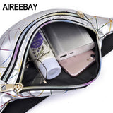 AIREEBAY Holographic Waist Bags Women Silver Fanny Pack Female Belt Bag Black Geometric Waist Packs Laser Chest Phone Pouch