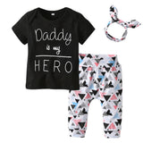 Summer Newborn Infant Baby Girl Clothes Daddy is my Hero Short Sleeve T-shirt Tops+Pants+Headband Toddler Outfits Set