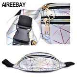 AIREEBAY Holographic Waist Bags Women Silver Fanny Pack Female Belt Bag Black Geometric Waist Packs Laser Chest Phone Pouch