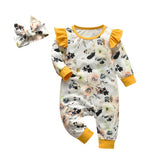 2Pcs Baby Girls Romper Cartoon Rabbit Pattern Cotton Long Sleeve Jumpsuit+Headband Outfits Set Newborn Infant Clothes