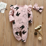 2Pcs Baby Girls Romper Cartoon Rabbit Pattern Cotton Long Sleeve Jumpsuit+Headband Outfits Set Newborn Infant Clothes