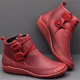 Women Retro Punk Boots Autumn Winter PU Leather Ankle Boots Flat Snow Boots Ladies Short Plush Strap Vintage Botas Mujer