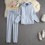 ALPHALMODA New Winter Hooded Sweatshirt Pants 2pcs Set Seasonal Trendy Thickened Warm Fleece Tracksuits Trousers Set Candy Colo