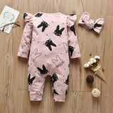2Pcs Baby Girls Romper Cartoon Rabbit Pattern Cotton Long Sleeve Jumpsuit+Headband Outfits Set Newborn Infant Clothes