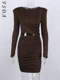 FSDA Hollow Out Bodycon Dress Mini Women Brown Autumn Winter Sexy O Neck Long Sleeve Elegant Party Dresses Black Club