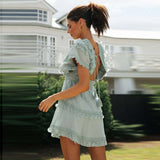 WildPinky Sexy V-Neck Tassel Women Summer Cotton Batwing Sleeve Sundress Lace Tie Up Beach Ladies Ruffle Mini Dress Vestido