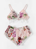 2PCS Women Underwear Sexy Silk Satin Lingerie Pajamas Crop Tops Bra+Shorts Sets Sexy Female V-Neck Sleeveless Nightwear