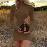 KLALIEN Simple Solid Long Sleeve Turtleneck Sweater Dress