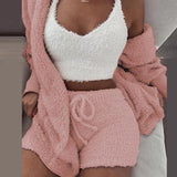 Winter Autumn Three Piece Sexy Fluffy Outfits Plush Velvet Hooded Cardigan Coat+Shorts+Crop Top Women Tracksuit Set Women Outfit