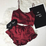 2PCS Women Underwear Sexy Silk Satin Lingerie Pajamas Crop Tops Bra+Shorts Sets Sexy Female V-Neck Sleeveless Nightwear