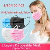 100 Pcs Pink Blue Blak White Disposable Protectiv Masks Non-woven 3-layer Face Mask Breathable Elastic Earband  Adult Mouth Mask - shopwishi 
