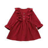 Kids Baby Girl Autumn Dress Ruffles Long Sleeve Solid Cotton Linen Party Casual Dress Clothes
