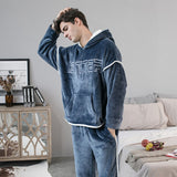 New Hooded Flannel Men's Pajama Pants 2 Pieces/Set Winter Thick Warm Sleepwear For Couples Casual Loose Home Costumes Set