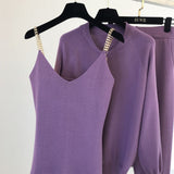 Autumn Knitted sweater suit casual new product temperament chain vest knitted jacket + elastic pants three-piece sets TZ423