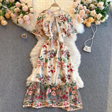 Women Dress Summer French Vintage Ladies Temperament Bow Collar Flowers Embroidery Elegant Dress Party Vestido