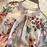 Women Dress Summer French Vintage Ladies Temperament Bow Collar Flowers Embroidery Elegant Dress Party Vestido