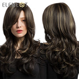 Element Heat Resistant Fiber Long Wavy Wigs with Side Bangs Synthetic Brown Mix Blonde Wigs for White/Black Women