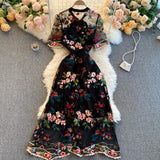 Women Dress Summer French Vintage Ladies Temperament Bow Collar Flowers Embroidery Elegant Dress Party Vestido