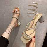 Sandals Fashion Luxury Square Toe Club Rhinestone Snake Wrap High Heel Birthday Wedding Party Shoes