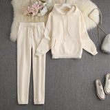 ALPHALMODA New Winter Hooded Sweatshirt Pants 2pcs Set Seasonal Trendy Thickened Warm Fleece Tracksuits Trousers Set Candy Colo