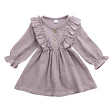 Kids Baby Girl Autumn Dress Ruffles Long Sleeve Solid Cotton Linen Party Casual Dress Clothes
