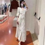 Jastie Autumn French White Maxi Dress Applique Embroidery Puff Sleeve V-Neck Dresses for Women Elegant Long Dress