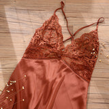 Summer Sexy Night Dress Lace Nightgown Women New Lingerie Backless Lace V-neck Nightwear Satin Nightdress With Pad Homewear