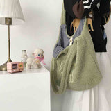 Women Lamb Like Fabric Shoulder Bag Simple Canvas Handbag Tote Large Capacity Embroidery Shopping Bag Cute Book Bags For Girls