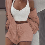 Winter Autumn Three Piece Sexy Fluffy Outfits Plush Velvet Hooded Cardigan Coat+Shorts+Crop Top Women Tracksuit Set Women Outfit