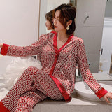 Pajamas Suit Women Satin Print Nightwear Casual 2PCS Pyjamas Set Sleepwear
