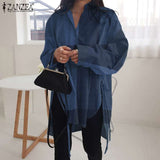 Stylish Solid Shirts Women's Asymmetrical Blouse ZANZEA Casual Lace Up Blusas Female Button Lapel Shirt Oversized Tunic