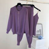 Autumn Knitted sweater suit casual new product temperament chain vest knitted jacket + elastic pants three-piece sets TZ423