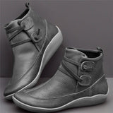 Women Retro Punk Boots Autumn Winter PU Leather Ankle Boots Flat Snow Boots Ladies Short Plush Strap Vintage Botas Mujer
