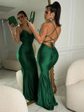 Dulzura Lace Up Women Solid Satin Maxi Dress Backless Bodycon Sexy Streetwear Party Elegant Festival Evening  Summer Outfit