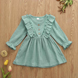 Kids Baby Girl Autumn Dress Ruffles Long Sleeve Solid Cotton Linen Party Casual Dress Clothes