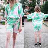 IAMHOTTY   Tie Dye Print Basic Tshirt Shorts Two Piece Set Women Casual Outfits lounge Wear Jogging Femme Biker Shorts Tees Summ