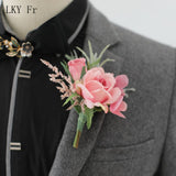 LKY Fr Boutonnieres Flowers Artificial Red Roses Silk Ivory Corsage