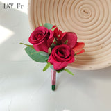 LKY Fr Boutonnieres Flowers Artificial Red Roses Silk Ivory Corsage