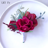 LKY Fr Boutonnieres Flowers Artificial Red Roses Silk Ivory Corsage