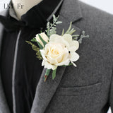 LKY Fr Boutonnieres Flowers Artificial Red Roses Silk Ivory Corsage