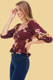 Floral Print Rouched Chest Tie Front Peplum Long Sleeve Peasant Top
