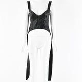 Leather Crop Top Backless Zipper Black Cami