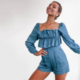 Cotton Blue Square Collar Short Rompers