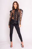 Black Sheer Puff Shoulder Polka Dot Shirt