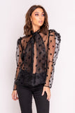 Black Sheer Puff Shoulder Polka Dot Shirt